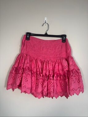 Place Nationals La Rotie Lace Smocked Mini Skirt in Hot Pink - S